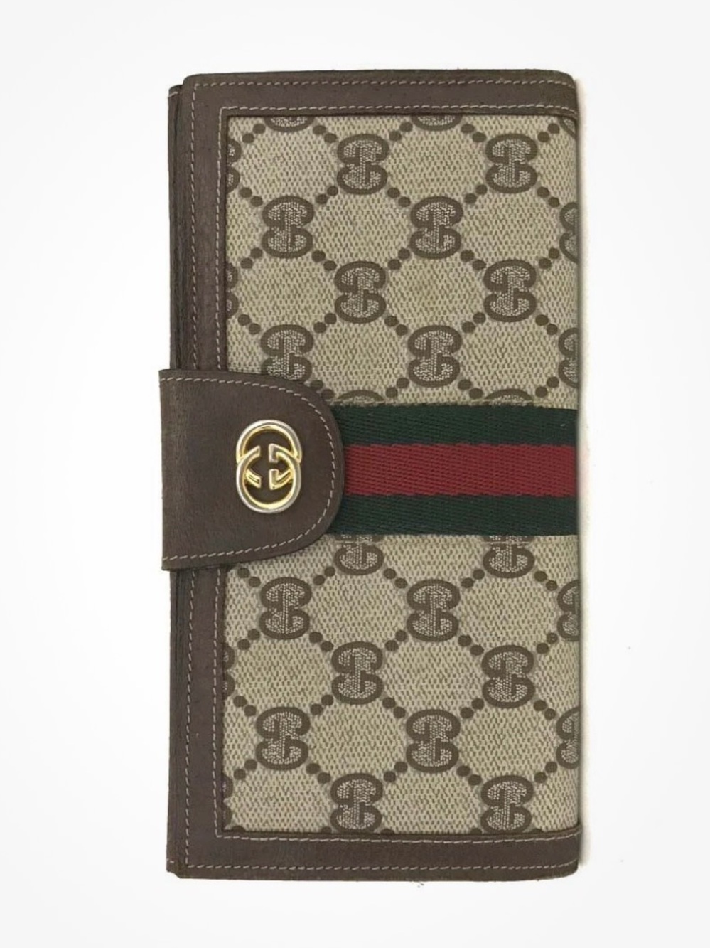 Authentic Vintage Gucci Monogram Continental Wallet with Green and Red Strip